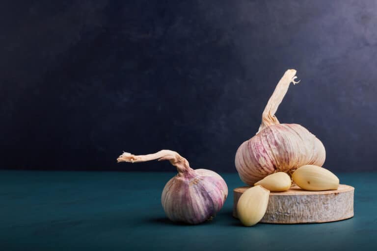 Garlic cloves on a piece of wood